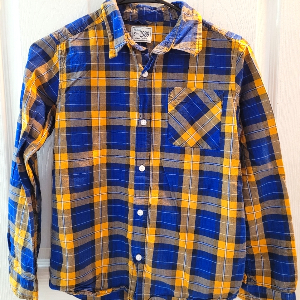 The Children's Place Long Sleeved Button Down Plaid Shirt, XL(14)